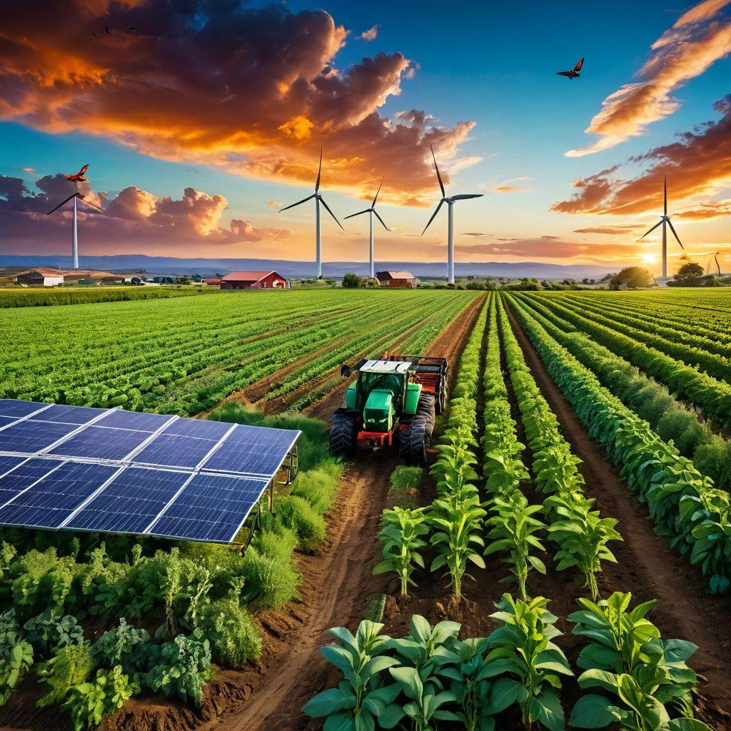 A lush green farm landscape showcasing diverse crops, with farmers practicing sustainable methods like crop rotation and organic composting. In the background, a vibrant sky represents a hopeful future, while solar panels and wind turbines indicate renewable energy use. Wildlife such as butterflies and birds illustrate biodiversity thriving in harmony with farming. super-realistic. vibrant colors. natural lighting.
