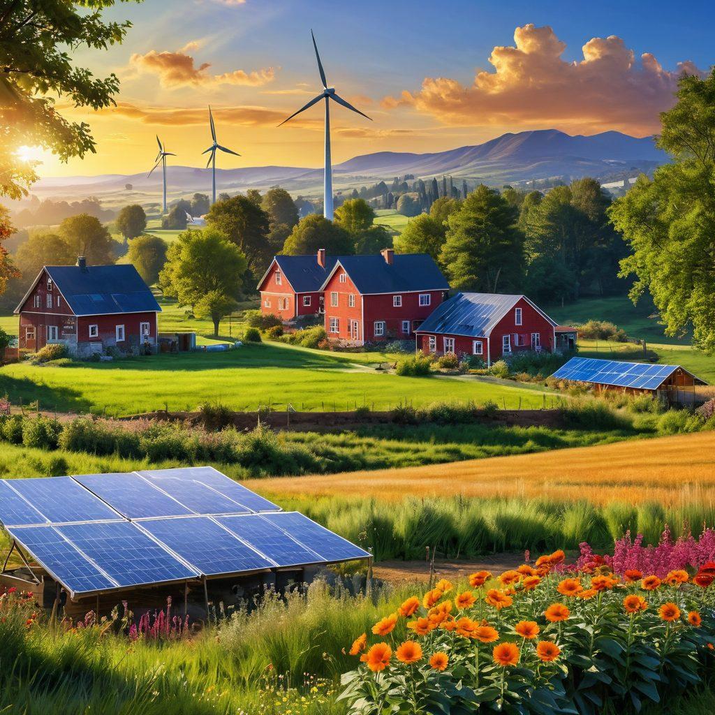 A vibrant rural landscape showcasing diverse communities engaged in sustainable farming practices. In the foreground, farmers are planting crops using eco-friendly techniques, surrounded by lush greenery, colorful flowers, and solar panels. In the background, traditional rural houses harmonize with wind turbines, symbolizing renewable energy. The sky is bright with a radiant sun, casting warm light over this harmonious scene. painting. vibrant colors. sunlight effect.