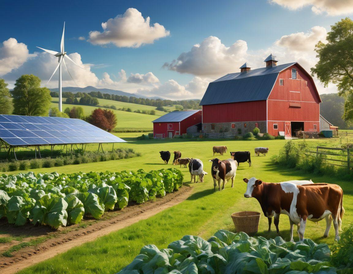 A lush green farm illustrating a harmonious balance of crops and livestock. Include vibrant rows of diverse vegetables on one side, and on the other, happy, healthy animals grazing in a sunlit pasture. In the background, depict a rustic barn with solar panels and wind turbines, symbolizing sustainability. The sky should be bright blue with fluffy white clouds, enhancing the eco-friendly theme. vibrant colors. super-realistic.